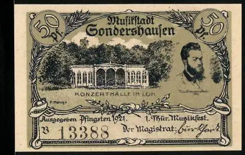 Notgeld Sondershausen 1921, 50 Pfennig, 1. Thür. Musikfest, Die Konzerthalle im Loh, Max Erdmannsdörfer