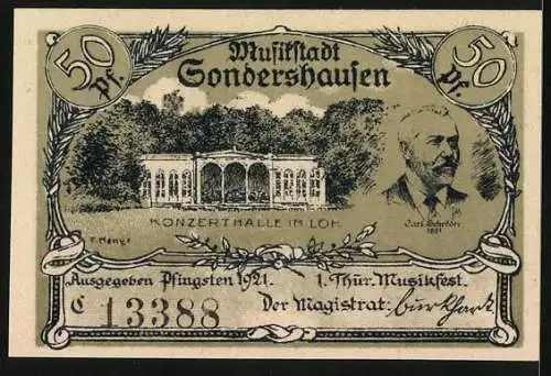 Notgeld Sondershausen 1921, 50 Pfennig, 1. Thür. Musikfest, Die Konzerthalle im Loh, Carl Schröder