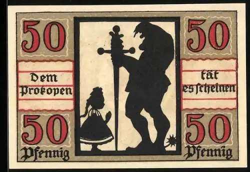 Notgeld Naumburg a. Saale 1920, 50 Pfennig, Der Prokop mit seinem Schwert und ein Mädchen