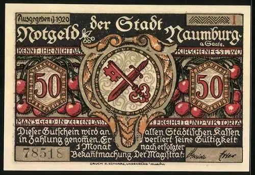 Notgeld Naumburg a. Saale 1920, 50 Pfennig, Der Prokop mit seinem Schwert und ein Mädchen