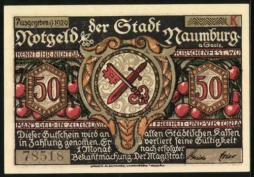 Notgeld Naumburg a. Saale 1920, 50 Pfennig, Prokop verschenkt Kirschen