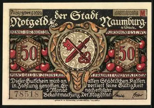 Notgeld Naumburg a. Saale 1920, 50 Pfennig, Zu Ehren der Errettung der Kinder gibt es ein jährliches Fest
