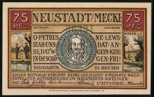 Notgeld Neustadt i. M. 1921, 75 Pfennig, Angler an den Lewitz-Wiesen, Das Dorf Kiez