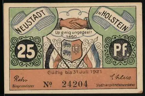 Notgeld Neustadt in Holstein, 25 Pfennig, Allegorische Frauenfiguren von Schleswig und Holstein geben sich die Hand