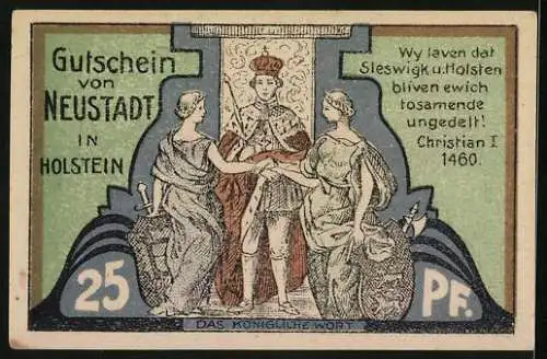 Notgeld Neustadt in Holstein, 25 Pfennig, Allegorische Frauenfiguren von Schleswig und Holstein geben sich die Hand