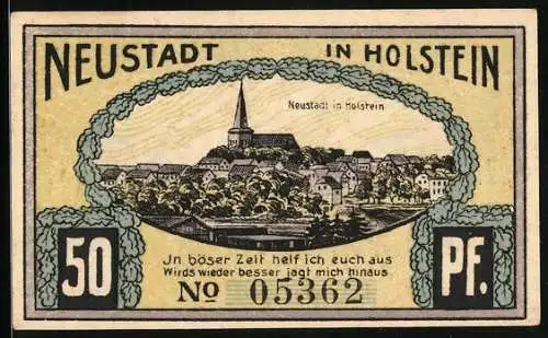 Notgeld Neustadt in Holstein, 50 Pfennig, Ortsansicht mit der Kirche