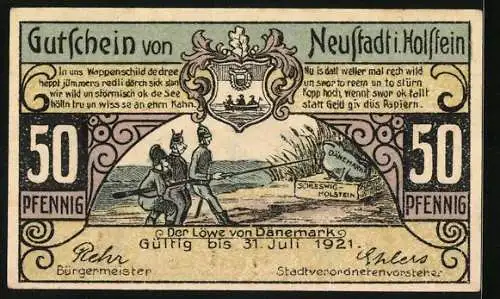 Notgeld Neustadt in Holstein, 50 Pfennig, Ortsansicht mit der Kirche