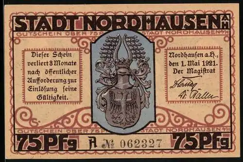 Notgeld Nordhausen a. H. 1921, 75 Pfennig, Der Tod wird vom Nordhäuser Branntwein vertrieben