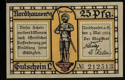 Notgeld Nordhausen a. H. 1921, 25 Pfennig, Der Riese in Ritterrüstung, Stadtbefestigung am Primariusgraben