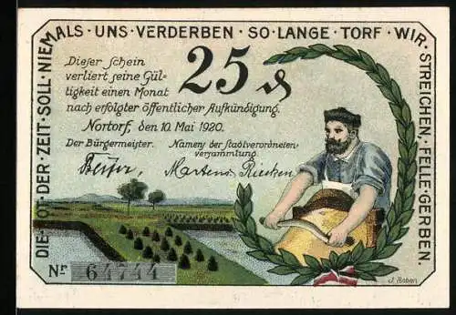 Notgeld Nortorf 1920, 25 Pfennig, Mann bei der Lederbearbeitung
