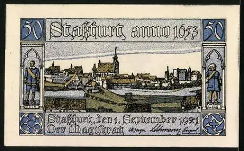 Notgeld Stassfurt 1921, 50 Pfennig, Ortsansicht am Fluss