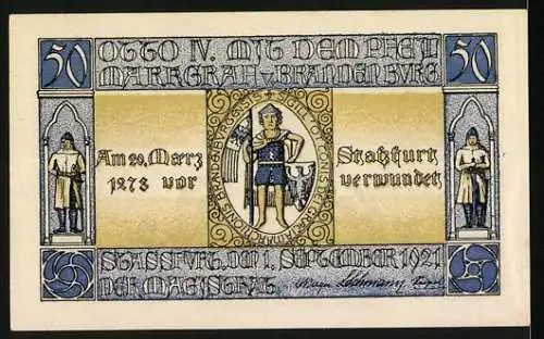 Notgeld Stassfurt 1921, 50 Pfennig, Otto IV. mit Wappen und Fahne