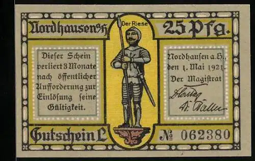 Notgeld Nordhausen a. H. 1921, 25 Pfennig, Alte Stadtbefestigung am Primarius-Graben