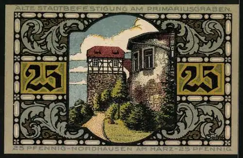 Notgeld Nordhausen a. H. 1921, 25 Pfennig, Alte Stadtbefestigung am Primarius-Graben