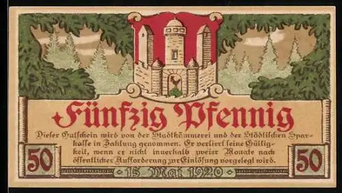 Notgeld Meiningen, 50 Pfennig, Blick aufs Rathaus