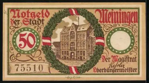 Notgeld Meiningen, 50 Pfennig, Blick aufs Rathaus