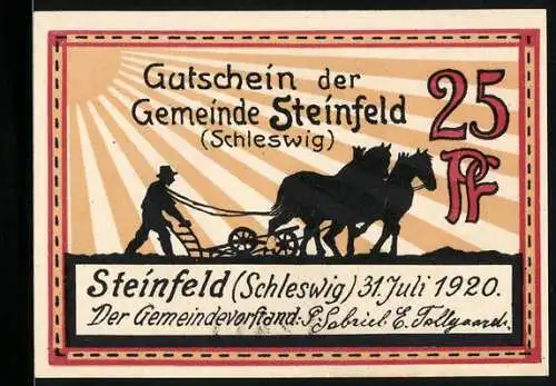 Notgeld Steinfeld 1920, 25 Pfennig, Bauer auf dem Acker und Windmühle