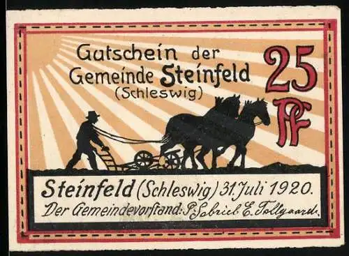 Notgeld Steinfeld 1920, 25 Pfennig, Bauer auf dem Acker und Windmühle