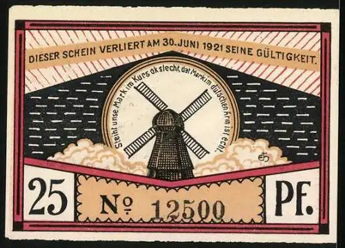 Notgeld Steinfeld 1920, 25 Pfennig, Bauer auf dem Acker und Windmühle