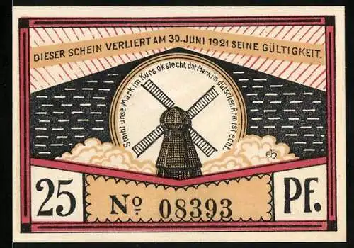 Notgeld Steinfeld 1920, 25 Pfennig, Bauer mit Pflug und Windmühle