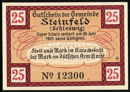 Notgeld Steinfeld 1920, 25 Pfennig, Ortsansicht mit Windmühle