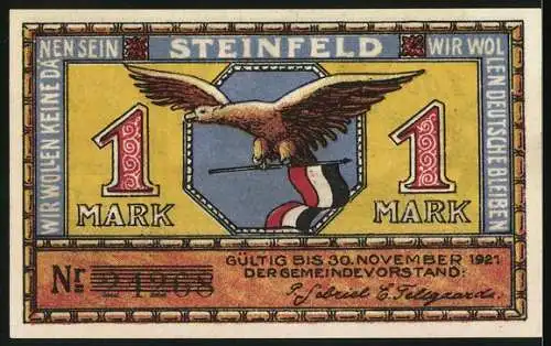 Notgeld Steinfeld 1920, 1 Mark, Bauer mit Pflug und Adler mit Fahne