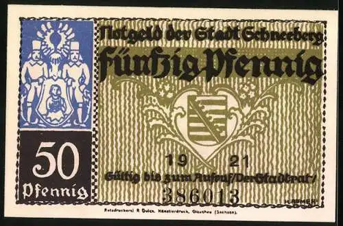 Notgeld Schneeberg 1921, 50 Pfennig, Langgasse und Wappen