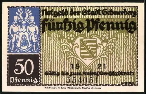 Notgeld Schneeberg 1921, 50 Pfennig, Wappen und Ortsansicht