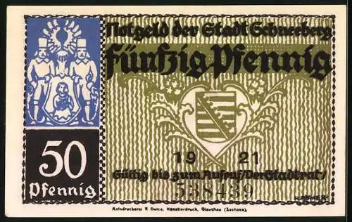 Notgeld Schneeberg 1921, 50 Pfennig, Wappen und Markt