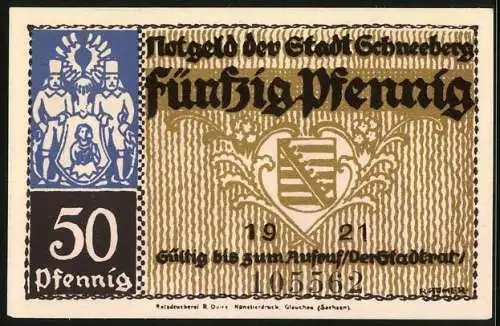 Notgeld Schneeberg 1921, 50 Pfennig, Wappen und Langgasse