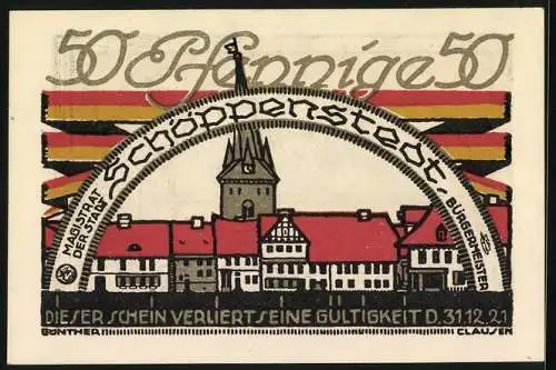 Notgeld Schöppenstedt 1921, 50 Pfennig, Stadtansicht und Ratssitzung