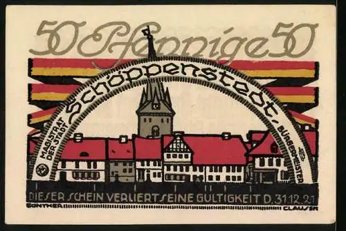 Notgeld Schöppenstedt 1921, 50 Pfennig, Stadtansicht mit Kirchturm