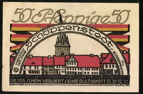 Notgeld Schöppenstedt 1921, 50 Pfennig, Stadtansicht und Ratsmitglieder