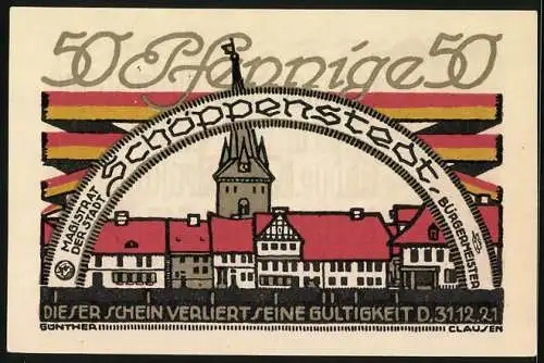 Notgeld Schöppenstedt 1921, 50 Pfennig, Stadtansicht und Kirchturm