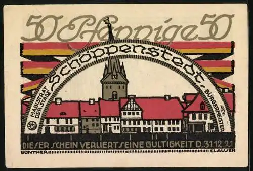 Notgeld Schöppenstedt 1921, 50 Pfennig, Stadtbewohner mit erhängtem Rind