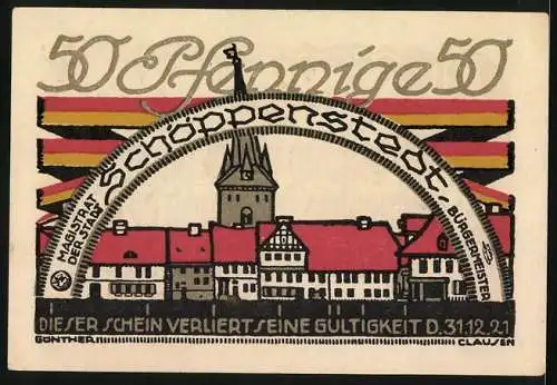 Notgeld Schöppenstedt 1921, 50 Pfennig, Stadtansicht und Kirche