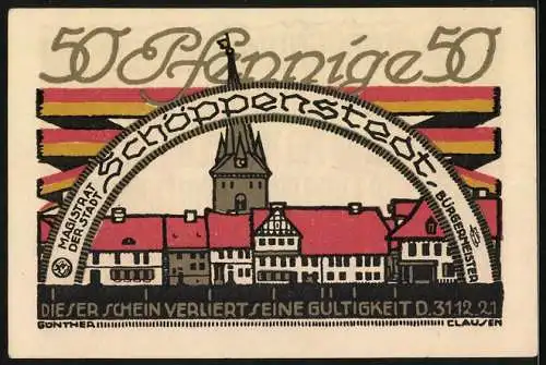 Notgeld Schöppenstedt 1921, 50 Pfennig, Stadtansicht mit Kirchturm
