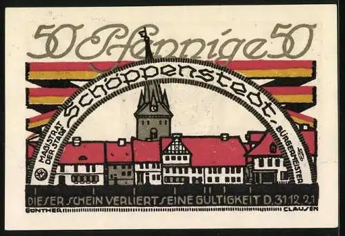 Notgeld Schöppenstedt 1921, 50 Pfennig, Stadtansicht und Wappen