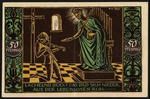 Notgeld Schwäbisch-Gmünd 1921, 50 Pfennig, Geigenspieler mit Madonna