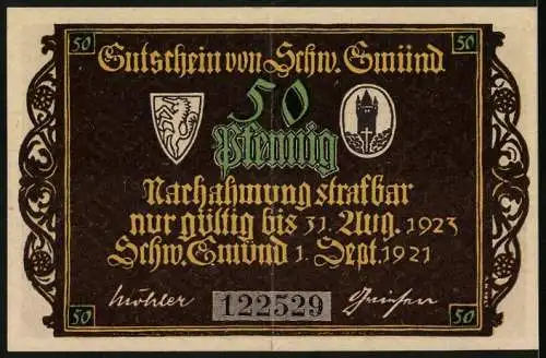 Notgeld Schwäbisch-Gmünd 1921, 50 Pfennig, Geigenspieler mit Madonna und Betenden