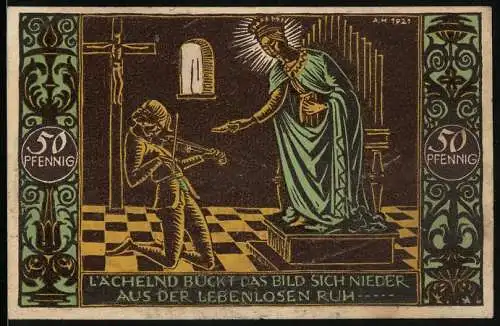 Notgeld Schwäbisch-Gmünd 1921, 50 Pfennig, Geigenspieler mit Madonna