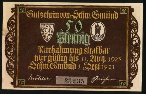Notgeld Schwäbisch-Gmünd 1921, 50 Pfennig, Geigenspieler mit Madonna und Betenden
