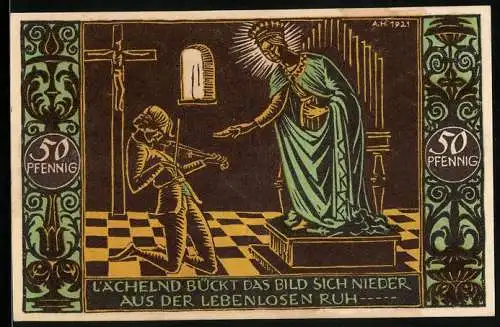 Notgeld Schwäbisch-Gmünd 1921, 50 Pfennig, Geigenspieler und Madonna