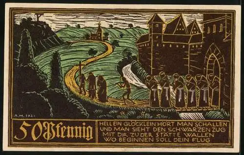 Notgeld Schwäbisch-Gmünd 1921, 50 Pfennig, Geigenspieler mit Prozession