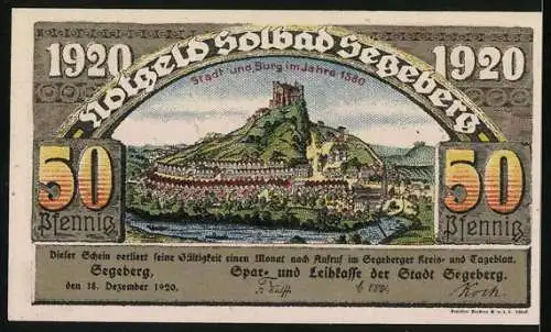 Notgeld Segeberg 1920, 50 Pfennig, Stadt und Burg im Jahr 1580
