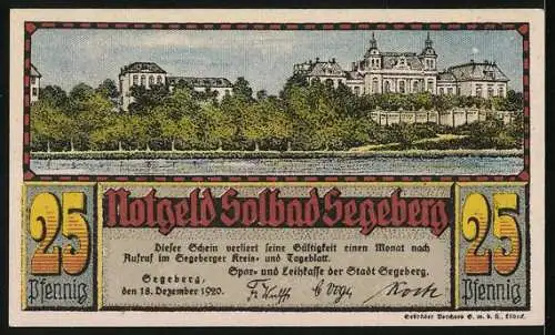 Notgeld Segeberg 1920, 25 Pfennig, Wappen und Flusspartie