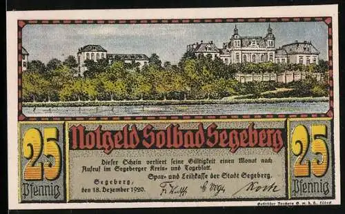 Notgeld Segeberg 1920, 25 Pfennig, Wappen und Flusspartie