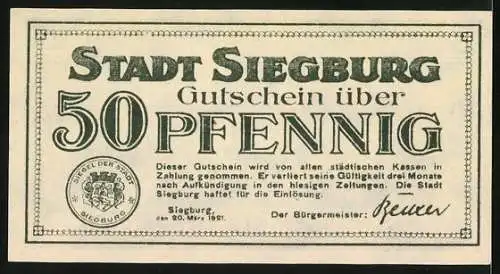 Notgeld Siegburg 1921, 50 Pfennig, Stadtansicht aus der Vogelschau