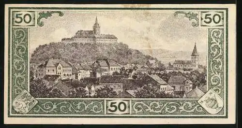 Notgeld Siegburg 1921, 50 Pfennig, Stadtansicht aus der Vogelschau