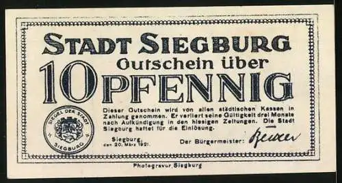 Notgeld Siegburg 1921, 10 Pfennig, Wappen und Siegel der Stadt